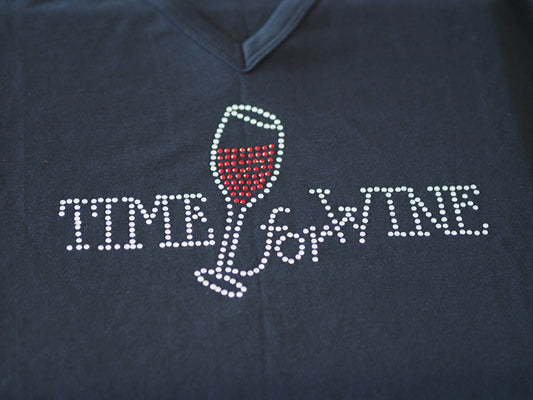 Wine Lover Rhinestone V-Neck T-Shirt – 'Time For Wine'
