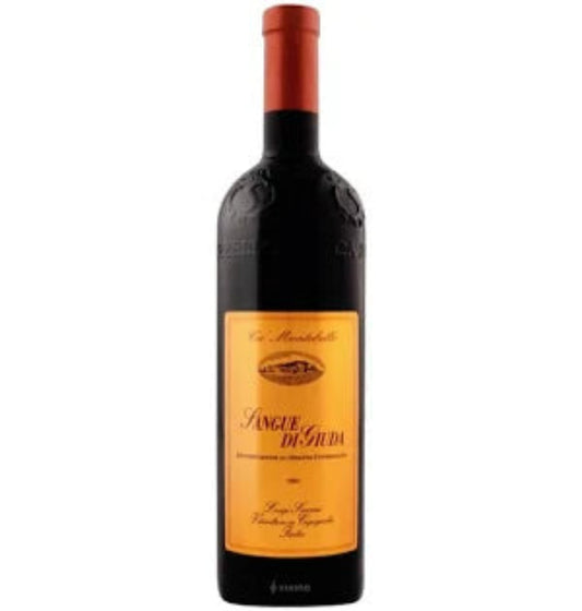 A bottle of Ca Montebello di Luigi Scarani, Sangue di Giuda dell'Oltrepo Pavese wine with a dark label and a red cap.